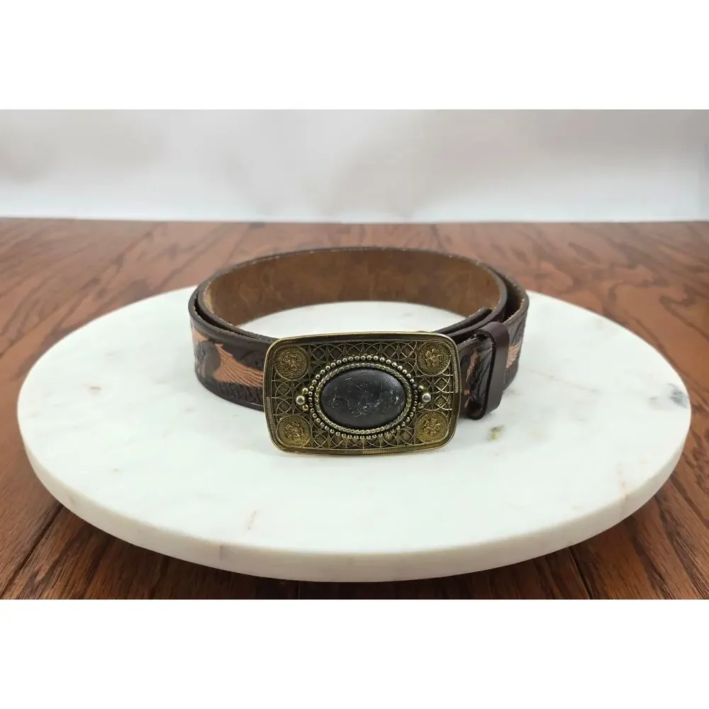 Vintage Wrangler Leather Hand Tooled American Eagle Belt Western Stone Buckle